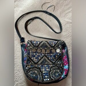 FREE PEOPLE Embellished embroidery, coins, beads Navy Women's Bag